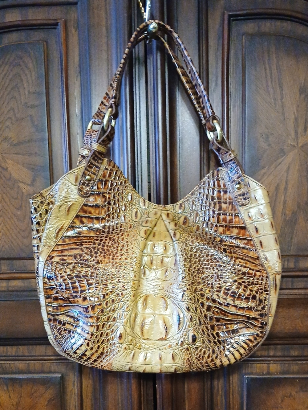 Brahmin Croc-Embossed Hobo in Tan and Brown Ombre